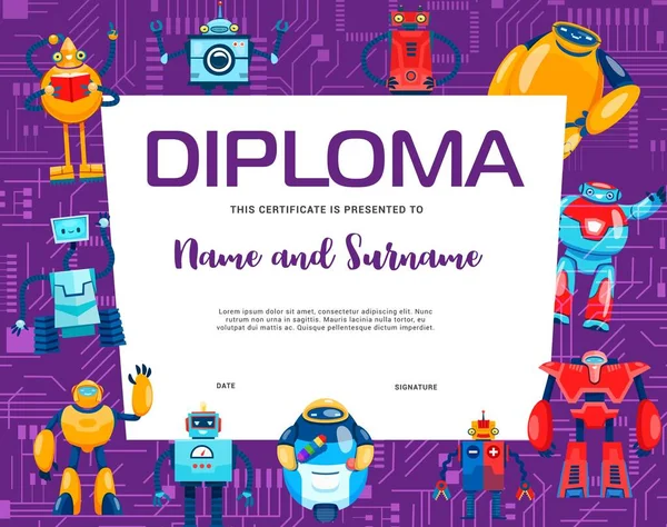 Diploma Crianças Cartoon Robô Droid Caracteres Vetor Certificado Escola Educação — Vetor de Stock