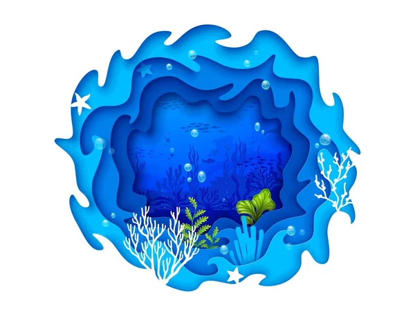 Cartoon Tropical Sea Paper Cut Landscape Ocean Bottom Starfishes Fish —  Vetores de Stock
