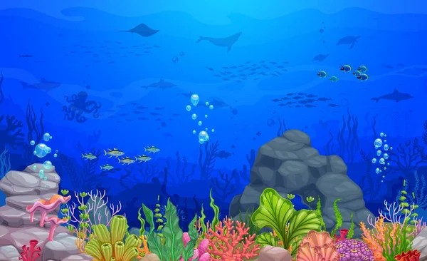 Zeichentrick Unterwasserlandschaft Spielebene Vektorhintergrund Mit Meeresboden Fischen Korallen Pflanzen Felsen — Stockvektor