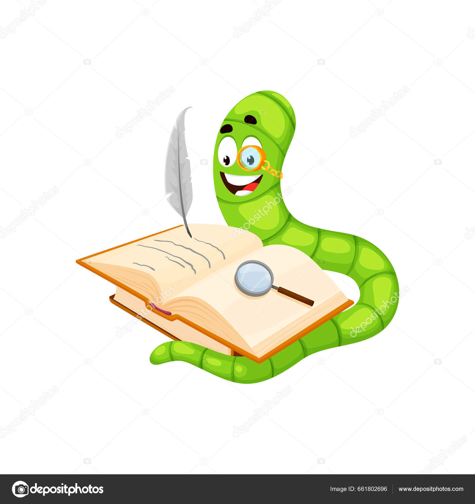 Cartoon Bücherwurm Charakter Bücherwurm Tier Niedliche Regenwurm Autorenpersönlichkeit Tragen Monokel — Stockvektor