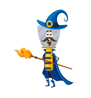 Karikatür cadılar bayramı macun bıçağı, sihirbaz karakteri sihirli asayı mistik çağırma ya da kara büyü yapmaya hazır tutuyor. Komik gülen bıyıklı Vektör Diy inşaat aleti