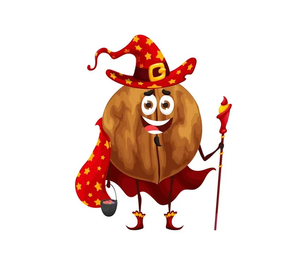 Cartoon Halloween Walnut Wizard Character Isolated Vector Funny Wiz Nut — Stock Vector