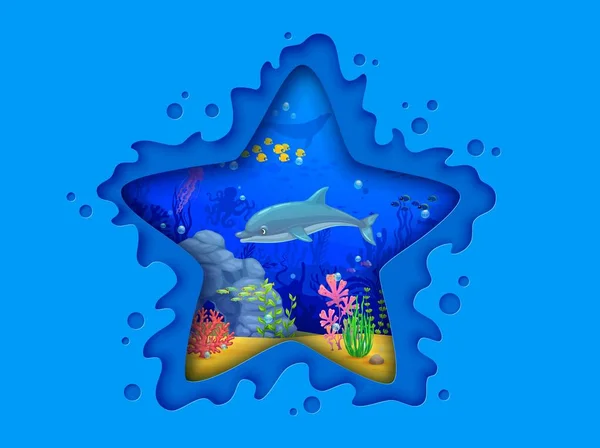 Papier Rozgwiazdy Morskiej Kształt Cięcia Podwodnym Krajobrazem Różnych Oszałamiających Życia — Wektor stockowy