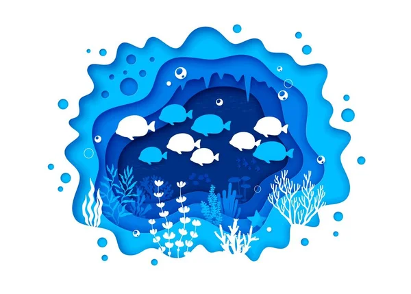 Silhouette Fish Shoal Sea Paper Cut Landscape Underwater Deep Life — Stock Vector