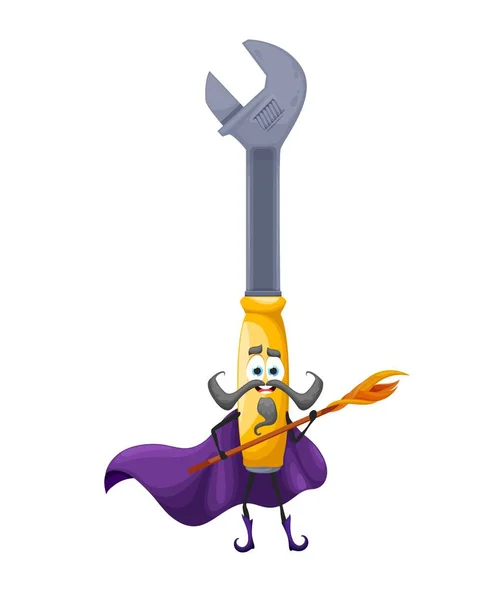 Cartoon Halloween Adjustable Wrench Tool Wizard Character Repair Diy Construction — Stock Vector