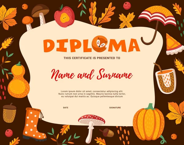 Diploma Crianças Outono Dos Desenhos Animados Comida Ação Graças Plantas — Vetor de Stock