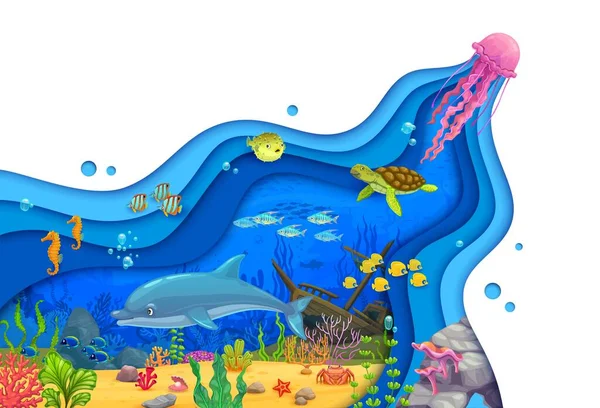 卡通片水下剪纸风景 海龟和鱼 海藻和沉船在彩色纸片3D矢量波浪框架中表现出来 水深尺寸异想天开的场面 — 图库矢量图片