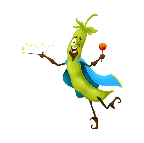 漫画ハロウィン豆の年齢文字 隔離されたベクトル面白いハロマスの卵 魔法の杖とキャラメルアップルと緑のエンドウ豆のポッドウィザードは 魔法の呪文をキャストします 岬の漫画楽しい野菜の人物 — ストックベクタ