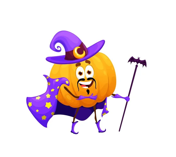 Cartoon Halloween Pumpkin Wizard Character Imaginative Vector Vegetable Holding Magic — Stock Vector