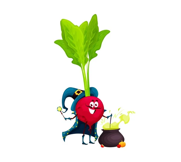 Cartoon Halloween Radish Wizard Character Isolated Vector Funny Enchanter Vegetable — Stock Vector