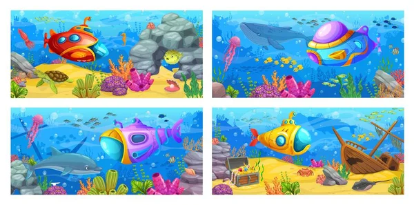 Cartoon Underwater Sea Submarine Bathyscaphe Vector Background Deep Ocean Water — Stock Vector
