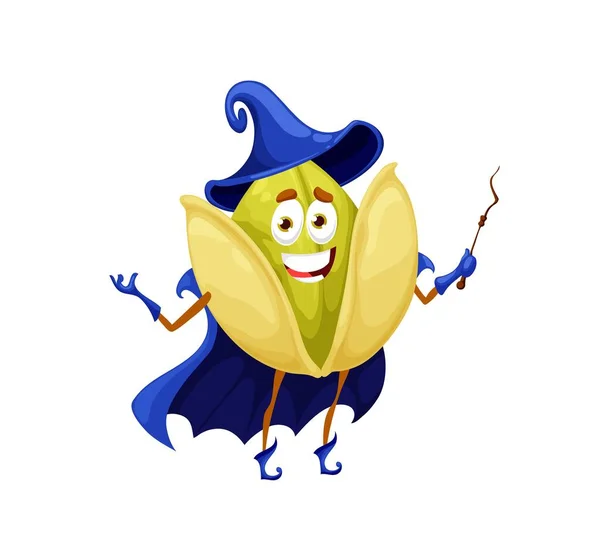 Cartoon Halloween Pistáciový Kouzelník Charakter Izolovaný Vektor Vtipné Lehkomyslný Ořech — Stockový vektor