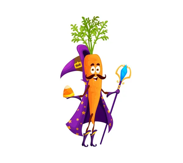 在胡萝卜巫师角色之间的卡通光环 孤立的病媒蔬菜人牵着魔杖和传统的节日甜糖蜜玉米 头戴尖尖帽子 头戴华服的园艺植物 — 图库矢量图片