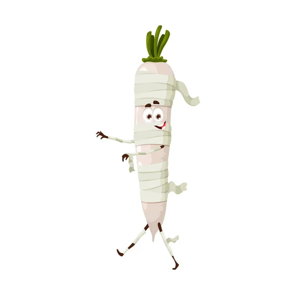 Cartoon Halloween Daikon Mumie Postava Vtipná Vektorová Zelenina Oblečená Jako — Stockový vektor