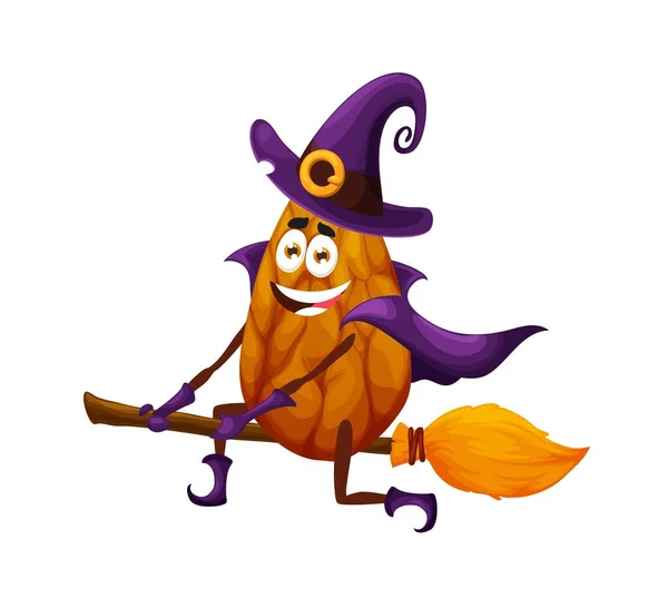 Cartoon Halloween Witch Almond Character Isolated Vector Funny Wizard Hallowmas — Stock Vector