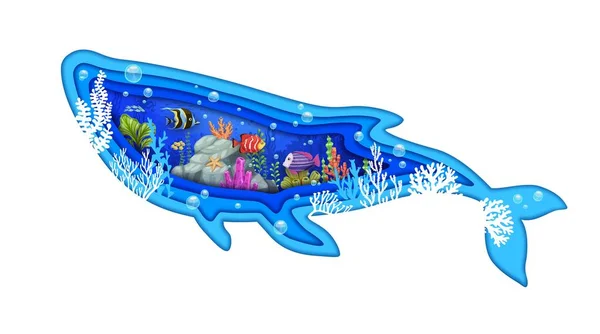 Cartoon Whale Paper Cut Silhouette Underwater Landscape Sea Tropical Fish — Stock Vector