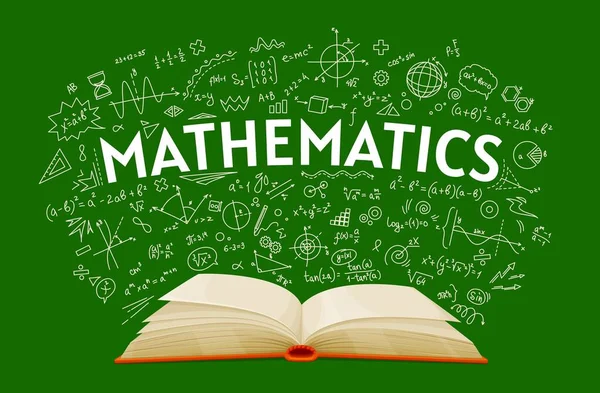 学校の黒板の背景に数学の教科書 ベクトル教育本 数学と幾何学のクラス数学式と式のチョークのドアを持つ学校の学生のオープン教科書 — ストックベクタ