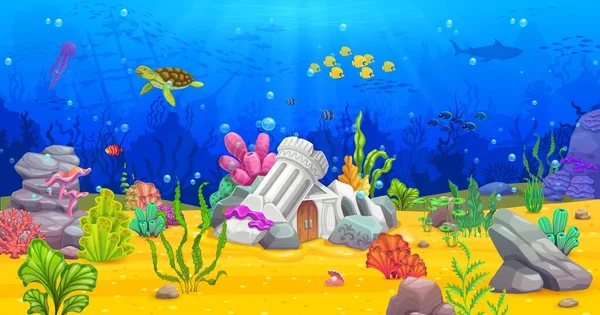 Game Level Cartoon Underwater Landscape Temple Ruins Vector Parallax Background — Stock Vector
