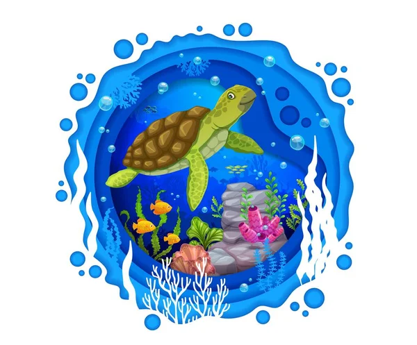 Tecknad Sköldpadda Och Havspapper Skära Undervattens Landskap Vektor Papercut Ocean — Stock vektor