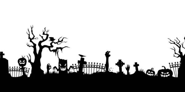 Silhueta Cemitério Halloween Com Abóboras Zumbis Vetor Cemitério Assustador Com — Vetor de Stock