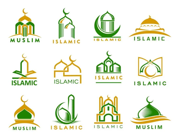 イスラム教のモスクのアイコン イスラム教 ミナレット クルアーンのシンボル イスラム教の宗教寺院 慈善団体やコミュニティセンターモスクの建物ドーム ミナレットや三日月と抽象的なベクトルのアイコン — ストックベクタ