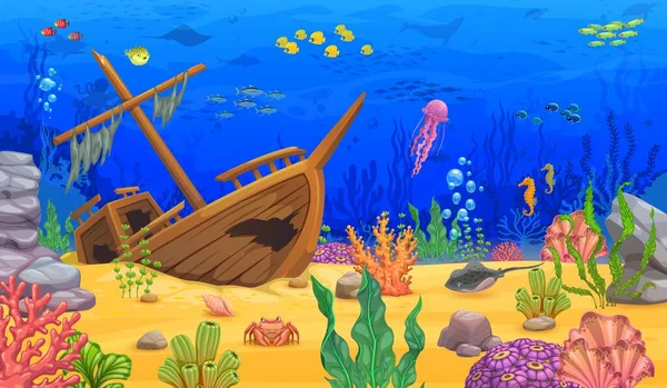 Karikatur Unterwasserlandschaft Mit Versunkenem Schiff Meerestiefe Tierwelt Szene Oder Unterwasserwelt — Stockvektor