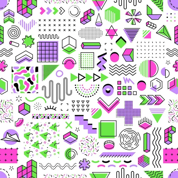 メンフィス幾何学は 抽象的な線の要素 明るい円 三角形 正方形でシームレスなパターンを形成する ピンクと紫のドット 波と矢印のドアの装飾を持つベクトル背景 — ストックベクタ