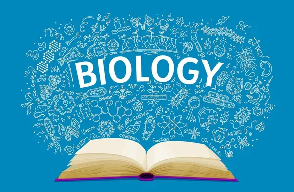 关于学校黑板背景的生物教科书 病媒教育书籍 生物课以粉笔涂鸦Dna分子 微生物细胞和显微镜打开课本 供学生科学研究之用 — 图库矢量图片