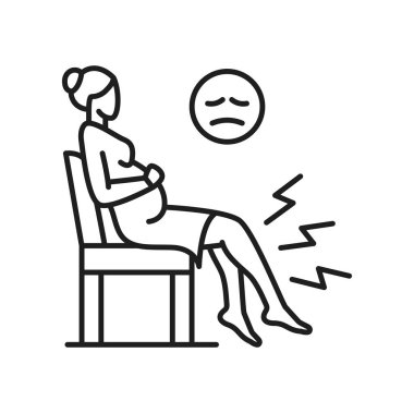 Sandalyede oturan kadın ödem ve bacaklarında şişkinlik olan ağrı, varisler ana hatları simgesi. Anormal vektör kan basıncı, zayıf kapakçıklar, ağrı olarak gök gürültüsü.