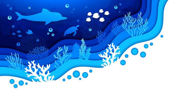 Underwater paper cut landscape with dolphin, turtle and seaweeds silhouettes, vector undersea world. Ocean coral reef or sea underwater papercut background with cutout paper layers of fishes
