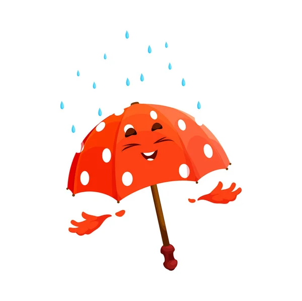雨滴と漫画の赤い傘の文字 雨のシャワーを楽しむ肯定的な感情を滲み出す笑顔ベクトルパラソルを楽しみます 気候予測のためのポルカドットと隔離されたギンガムパーソナージュ — ストックベクタ