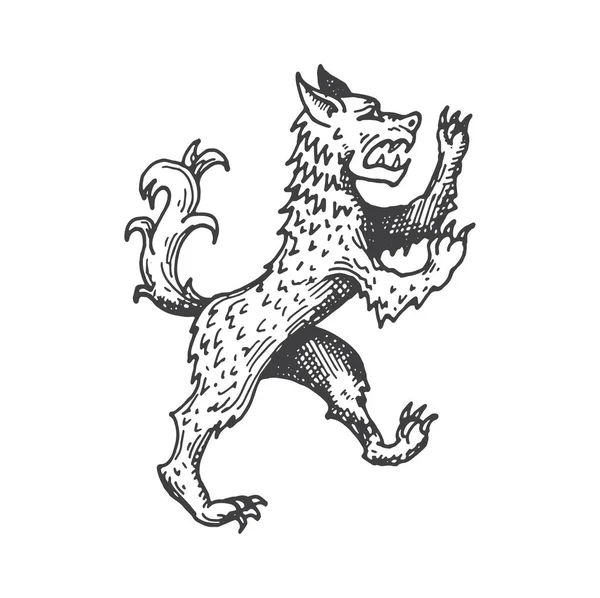 Schizzo Animale Araldico Medievale Lupo Mostro Magico Creatura Mitologia Lupo — Vettoriale Stock