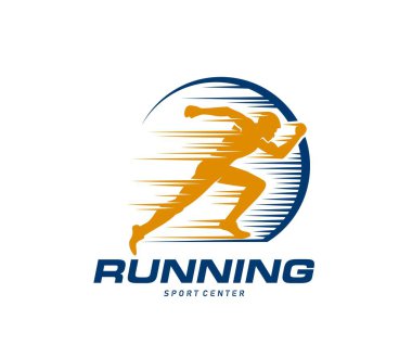 Maraton koşusu spor ikonu, koşucu kulübü ya da atlet koşucu merkezi vektör rozeti. Maraton koşusu, koşan adamın silueti, hayır işi için spor koşusu ya da sağlık kampanyası için spor