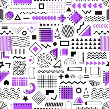 Memphis geometric line shapes seamless pattern. Fabric minimalistic print with Memphis shapes, funky geometric doodles vector wallpaper. Textile seamless background with colorful geometric pattern clipart