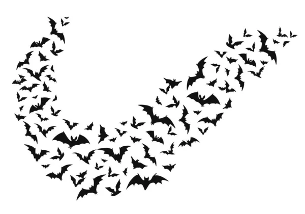 ハロウィーンの飛行コウモリ 吸血鬼の動物の孤立したベクトル翼の群れ曲線波の白い背景に飛ぶ 不気味なコウモリは黒いシルエットを群がり 不気味な動物の生き物グループフローグラフィックデザイン要素 — ストックベクタ