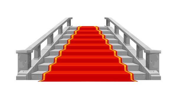 Castle and palace staircase. Stone stair with red carpet. Theater ladder, royal palace marble staircase or museum hallway interior element, palace ballroom vector stairway with red carpet and baluster