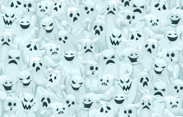 在鬼魂模式之间的卡通 具有白色毛骨悚然的矢量背景会让人产生情绪和面部表情 笑着或悲伤的鬼魂的贺卡或横幅 — 图库矢量图片