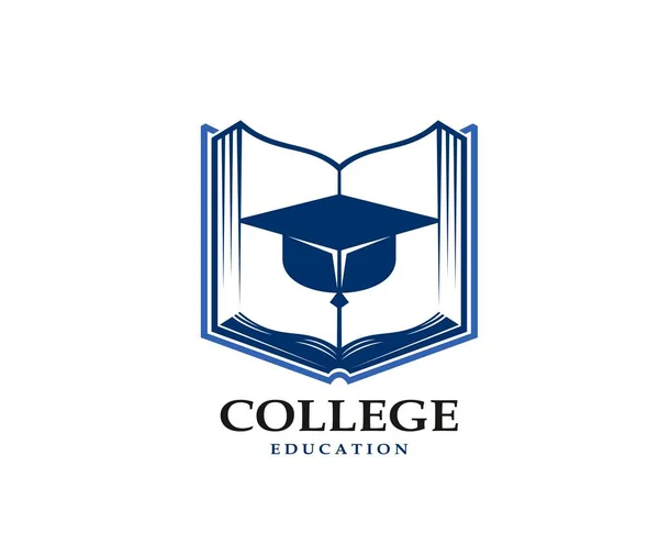 大学教育図書のアイコン 学生用のキャップとライブラリ辞書または教科書ベクトル記号 知識と文学大学図書館エンブレムのための独立したオープンブックと卒業帽子と青のサイン — ストックベクタ