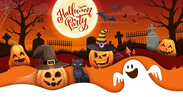 Bannière Halloween Papier Avec Fantôme Dessin Animé Citrouilles Sur Paysage — Image vectorielle