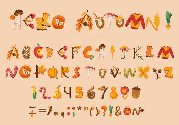 Cartoon Herbst Erntedank Schrift Schrift Oder Alphabet Vektor Abc Typografie — Stockvektor