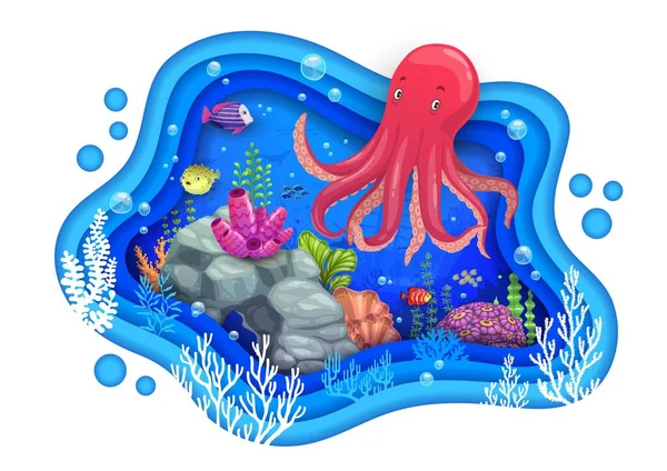 Kreslená Růžová Chobotnice Řez Mořského Papíru Podmořská Dna Vektorový Papír — Stockový vektor