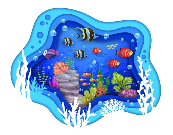 海紙カットで漫画熱帯サンゴ 魚の浅瀬や海藻 ベクトル水中の風景です 海の波や魚のシルエットの背景と紙のカットやカットで海のエキゾチックなサンゴ礁 — ストックベクタ