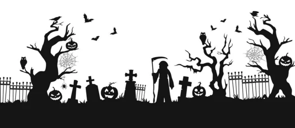 Силуэты Кладбища Хэллоуина Векторный Ползучий Двор Кошмарный Ночной Праздник Некрополистов — стоковый вектор