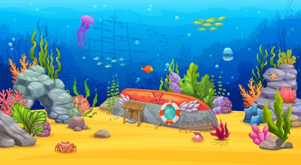 Dibujos Animados Paisaje Submarino Fondo Marino Con Corales Arrecifes Medusas — Vector de stock