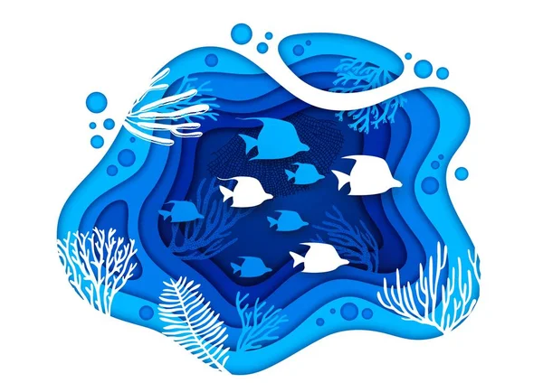 Underwater Paper Cut Landscape Sea Fish Shoal Silhouette Vector Undersea — Stock Vector