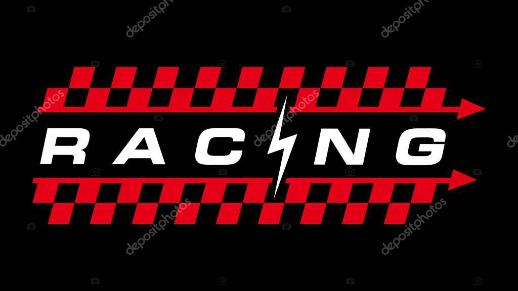 Racing thunder speed motor sport emblem with red checkered background, racing line decals vinyl print for t-shirts. Auto transport race sport sticker