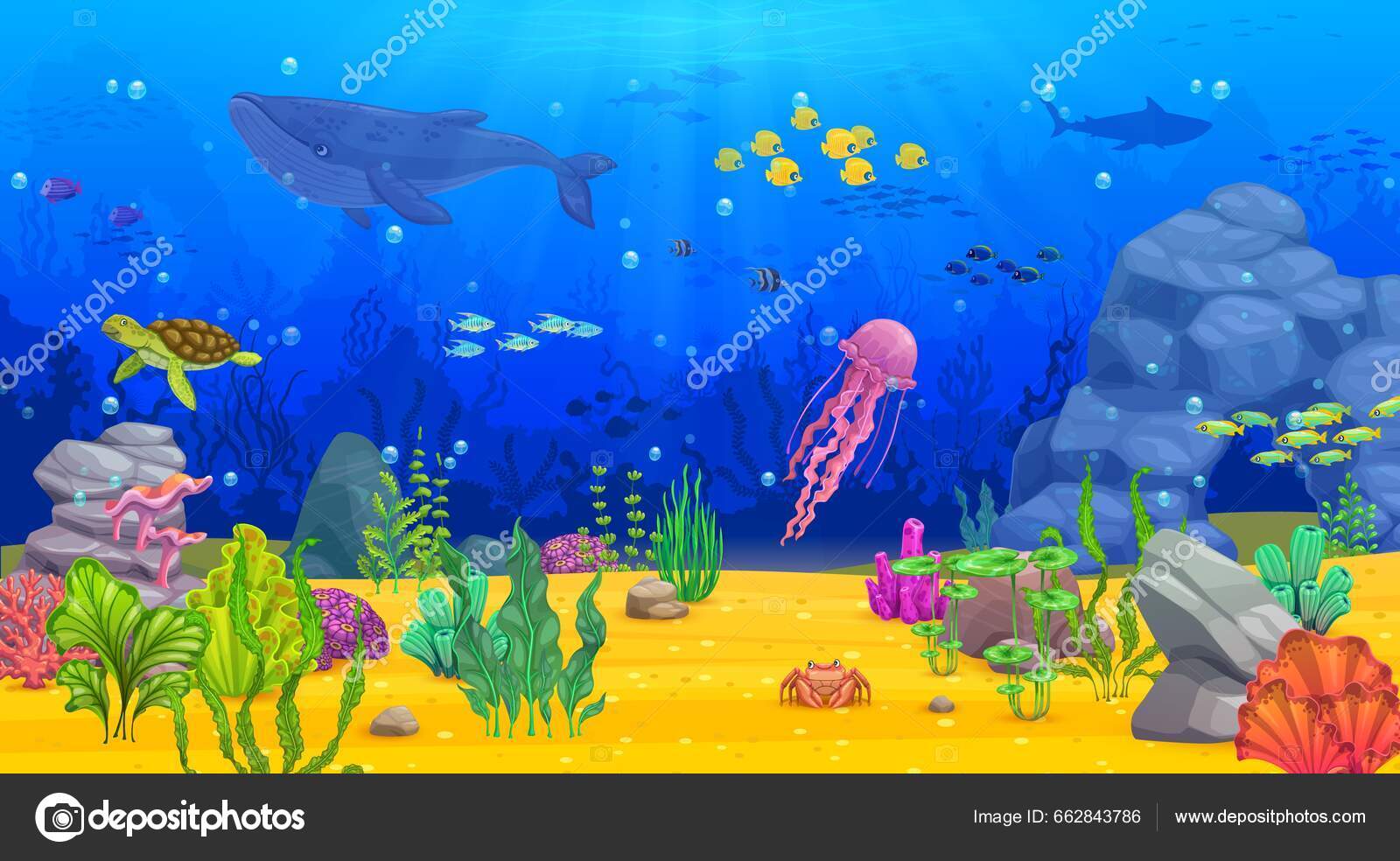 Paisagem subaquática dos desenhos animados com animais marinhos para fundo  de nível de jogo vetor mundo submarino oceano recife de corais água-viva  com estrela do mar golfinho ou caranguejo e cardume de