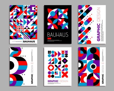 Bauhaus posterleri şablonları. Geometrik soyut arkaplan kalıpları. Olay broşürü tasarımı, iş sunumu vektör posteri, Bauhaus soyut geometrik desenli şirket tanıtım broşürü