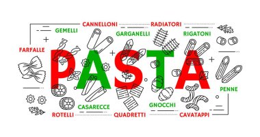 İtalyan makarna türü pankart ya da taslak simgeleri. İtalyan mutfağı menüsü yemek ince çizgi vektör arkaplanı penne, cannelloni, gemelli ve farfalle, garganelli, Casarecce makarna ince çizgi sembolleri