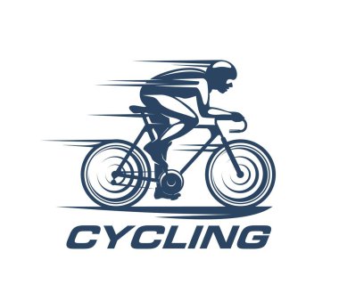 Bisiklet sporu ikonu, bisiklet yarışçısı silueti ya da bisikletçi, bisiklet sporu vektör işareti. Bisiklet yarışı turu bisikletçi silueti ve hız çizgisinde bisiklet yarışı amblemi.